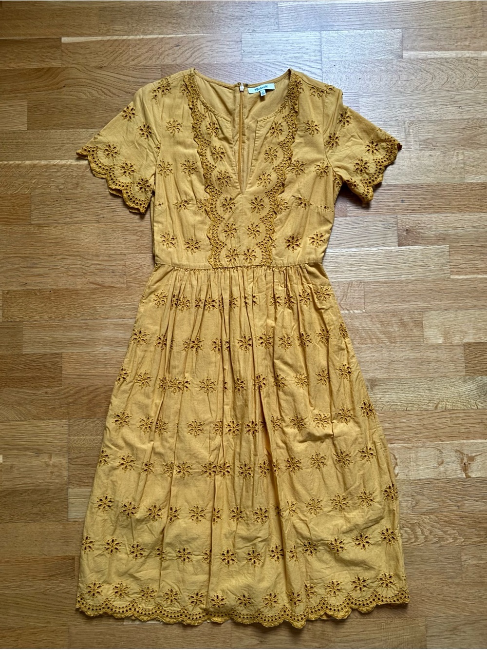 Madewell Mustard Embroidered Short-Sleeve Midi Dress